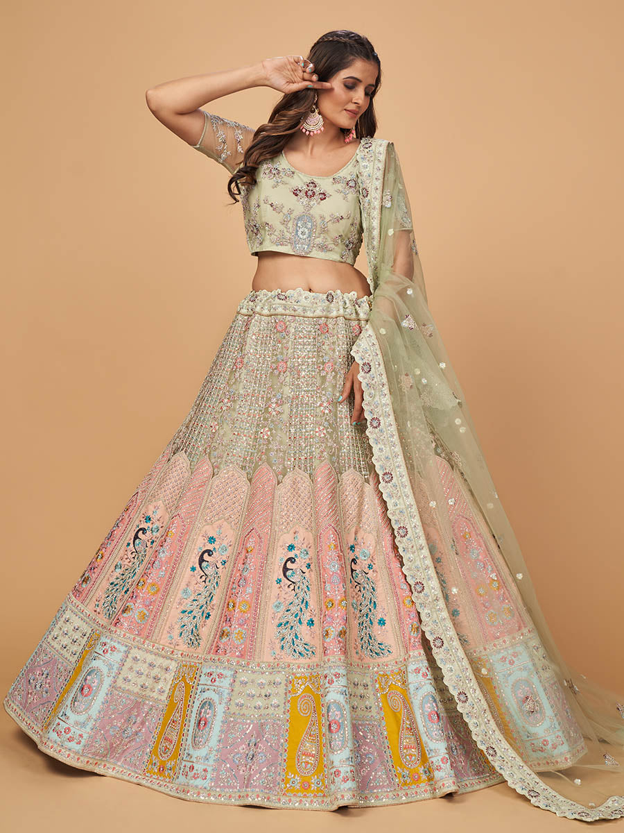 Myra Pista Green Soft Net Heavy Embroidered Designer Lehenga - Distacart