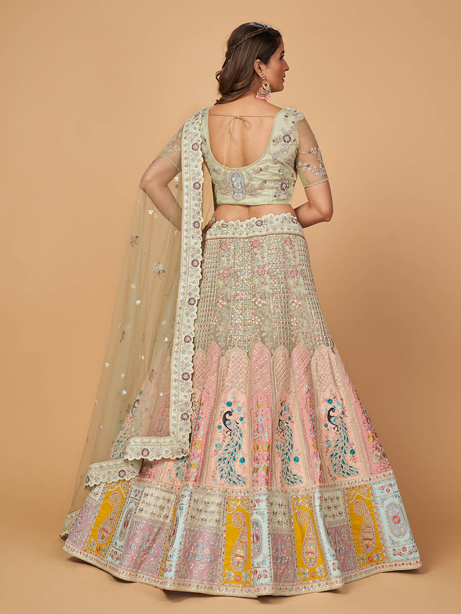 Myra Pista Green Soft Net Heavy Embroidered Designer Lehenga - Distacart