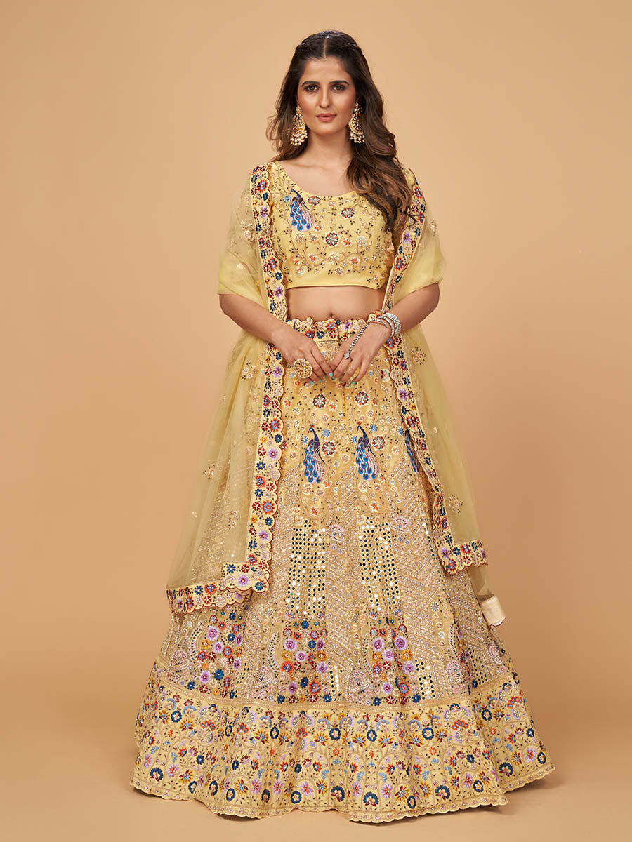 Myra Yellow Soft Net Heavy Embroidered Designer Lehenga - Distacart