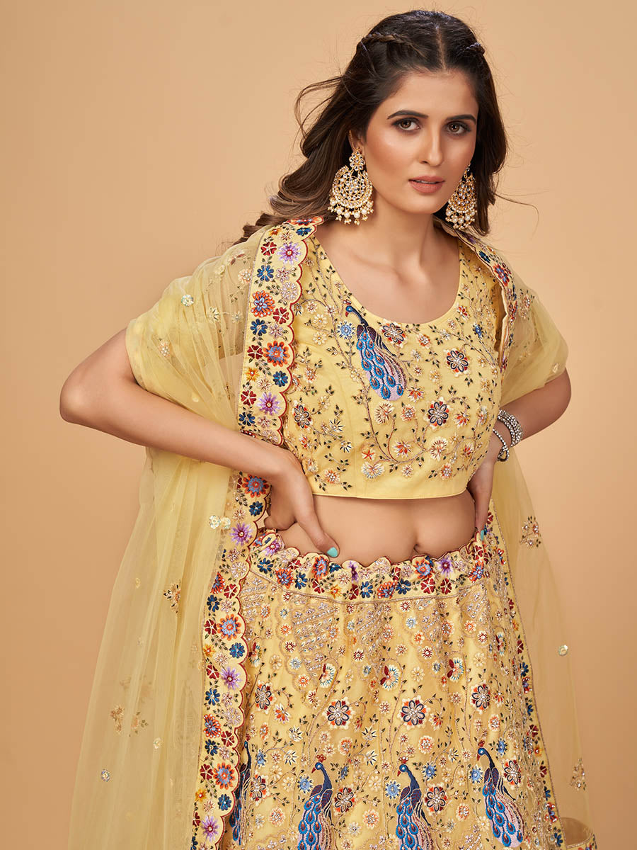 Myra Yellow Soft Net Heavy Embroidered Designer Lehenga - Distacart