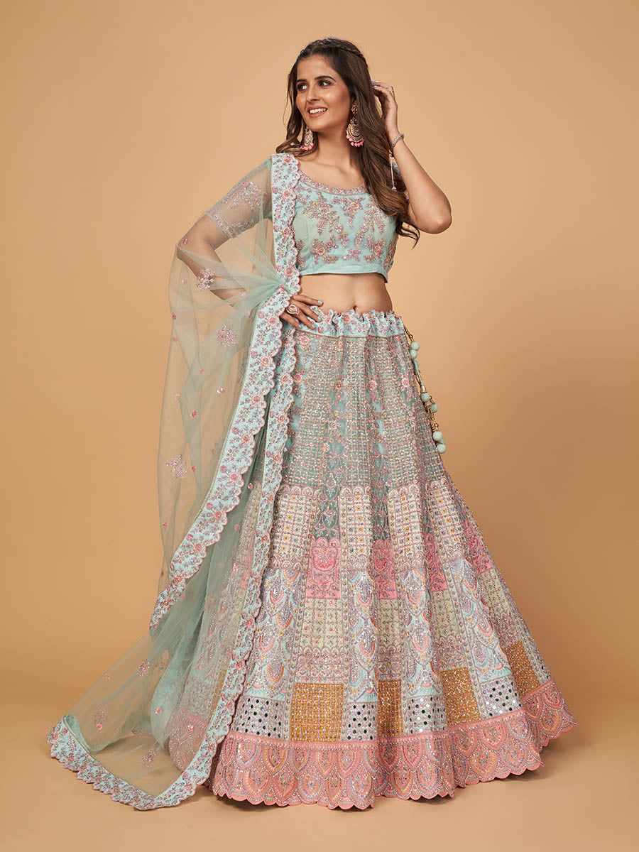Myra Sky Blue Soft Net Heavy Embroidered Designer Lehenga - Distacart