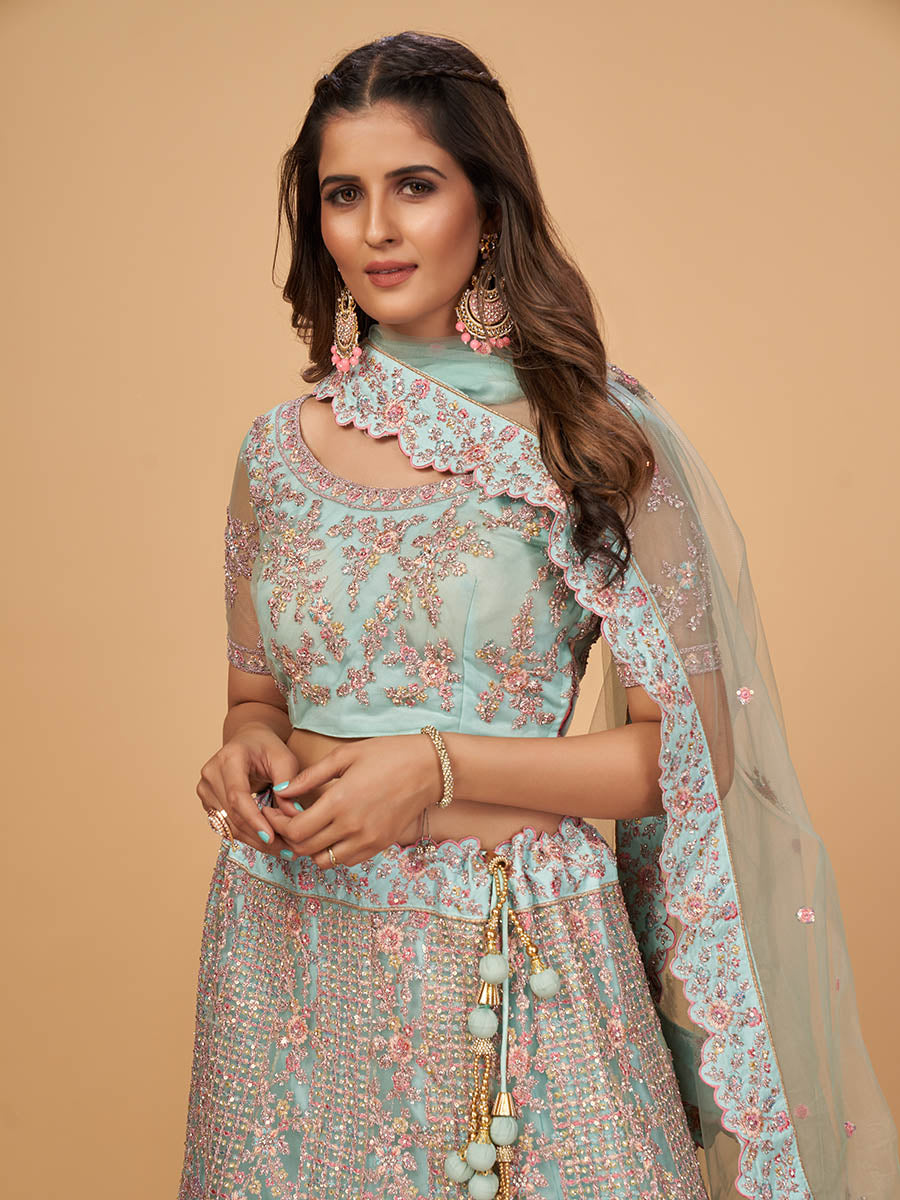 Myra Sky Blue Soft Net Heavy Embroidered Designer Lehenga - Distacart