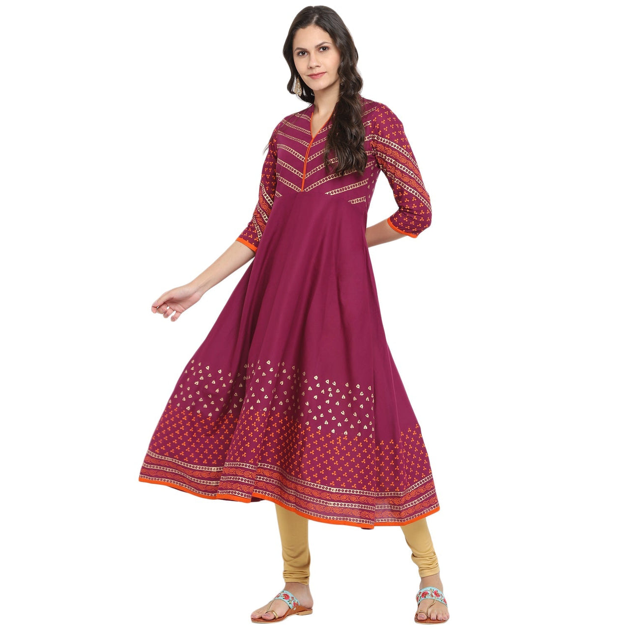 Wahe-NOOR Women's Purple Cotton Printed Anarkali Kurti With Block Print - Distacart