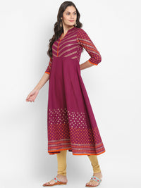 Thumbnail for Wahe-NOOR Women's Purple Cotton Printed Anarkali Kurti With Block Print - Distacart