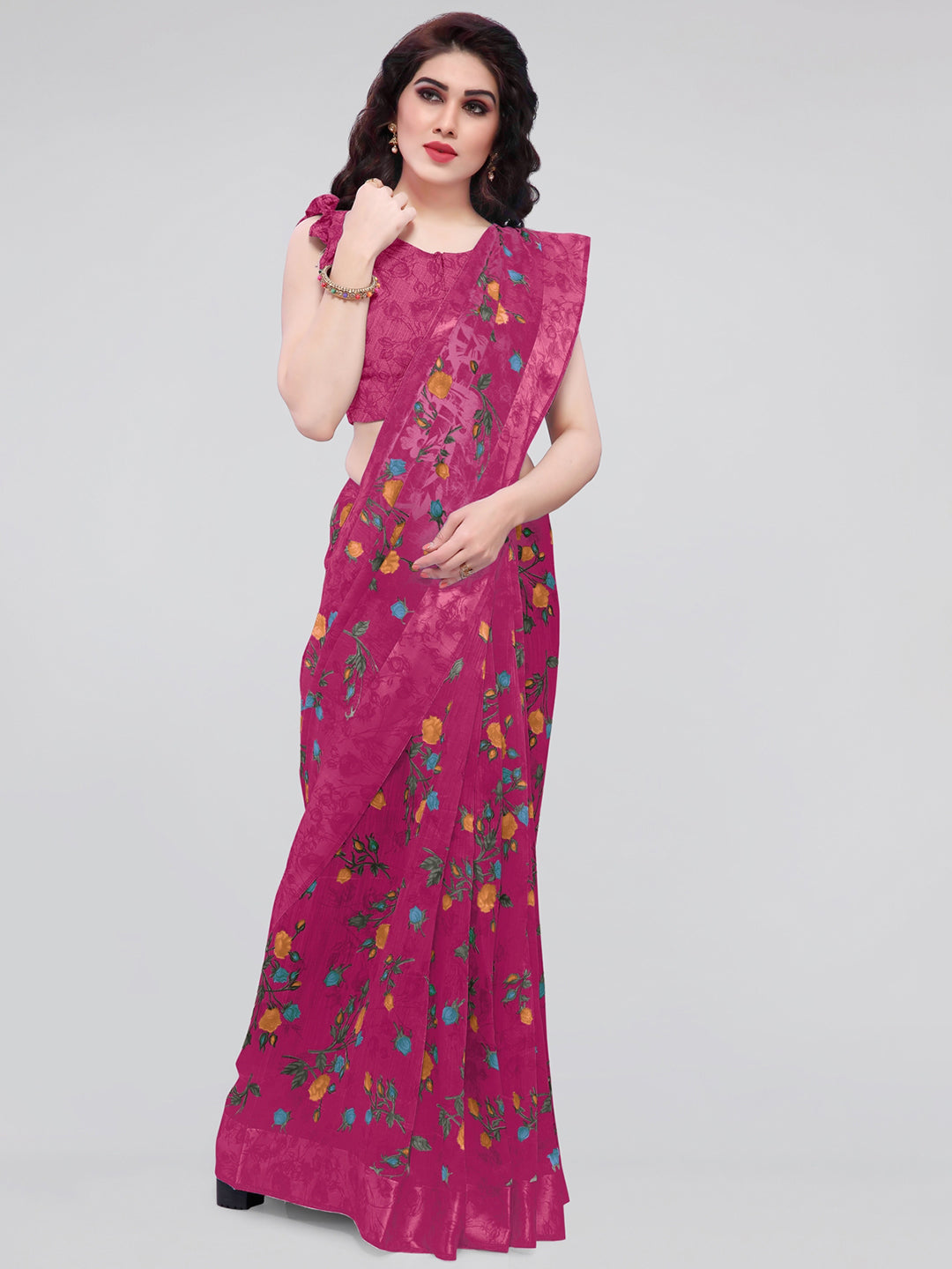 Kalini Pink & Yellow Floral Bagh Saree - Distacart