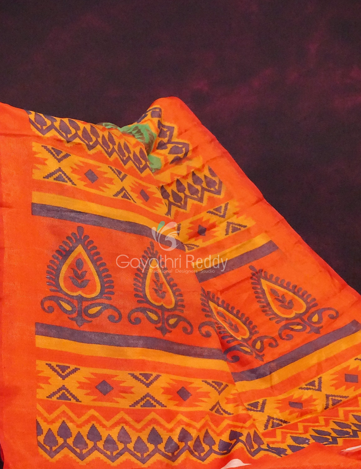 Parrot Green And Orange Colour Printed Cotton Brasso Saree By Gayathri Reddy Designer Studio - Distacart