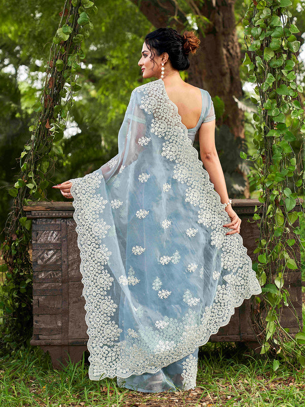 Tikhi Imli Ethnic Motifs Beads and Stones Organza Heavy Work Saree - Distacart