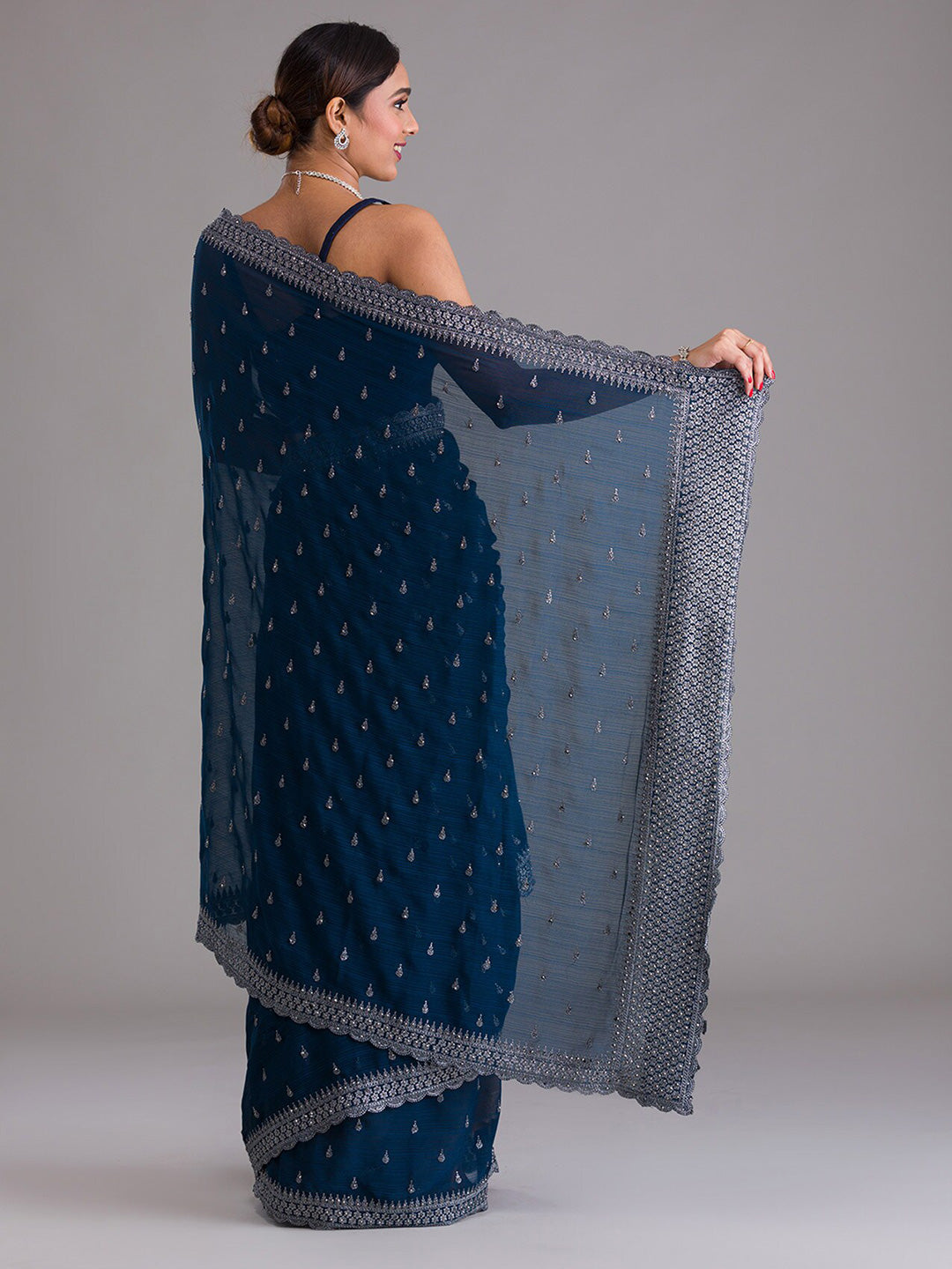 Koskii Blue & Silver-Toned Embellished Beads and Stones Heavy Work Saree - Distacart