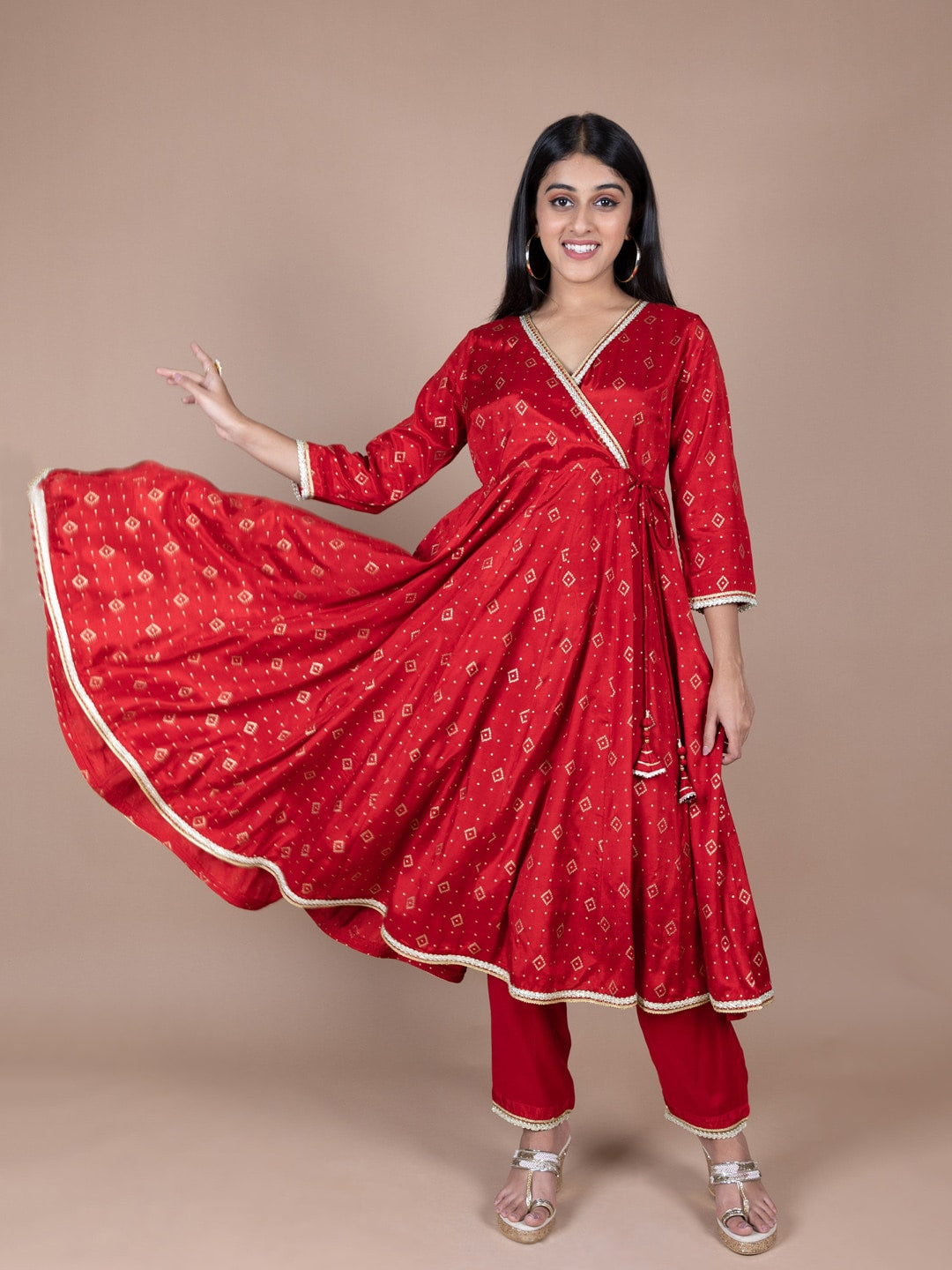 HERE&NOW Red & Beige Ethnic Motifs Printed Angrakha Gotta Patti Kurta with Trousers - Distacart