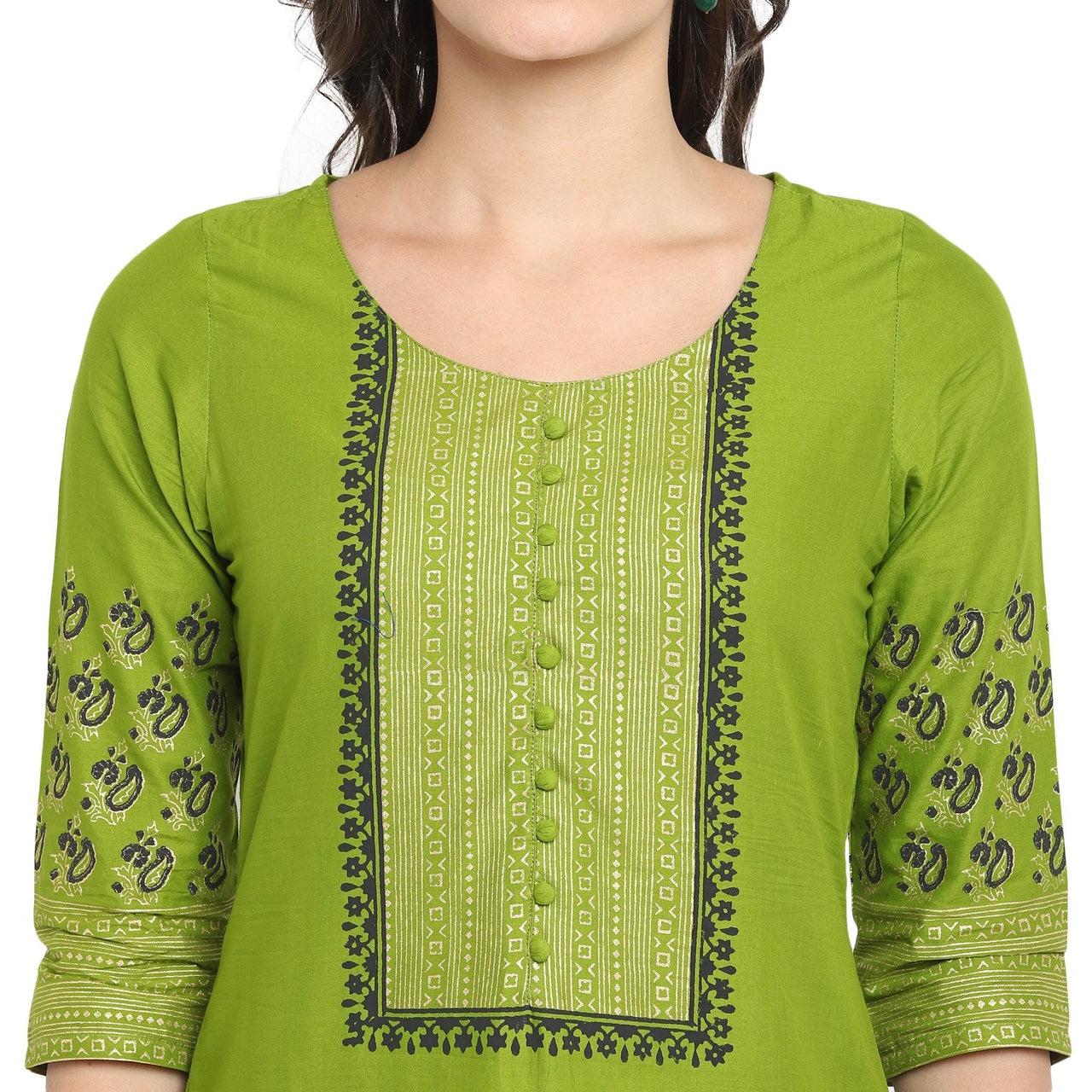 NOZ2TOZ Women's Green Cotton Printed Straight Kurti With Block Print (1 Pc) - Distacart