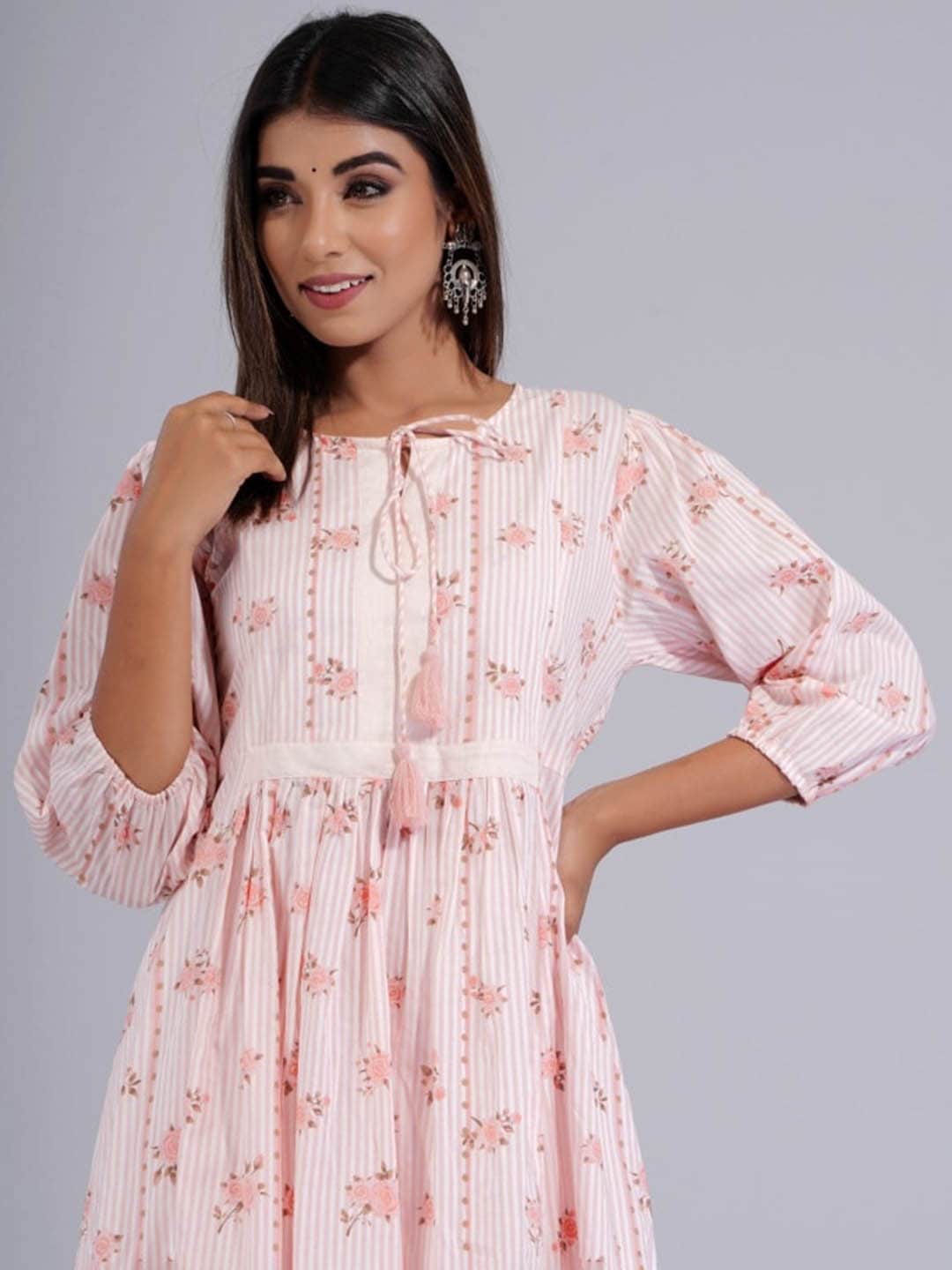 HERE&NOW Peach & White Floral Printed Tie-Up Neck Cotton A-Line Kurta - Distacart
