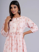 Thumbnail for HERE&NOW Peach & White Floral Printed Tie-Up Neck Cotton A-Line Kurta - Distacart