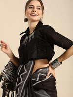 Thumbnail for Sangria Black Printed Pure Linen Saree - Distacart