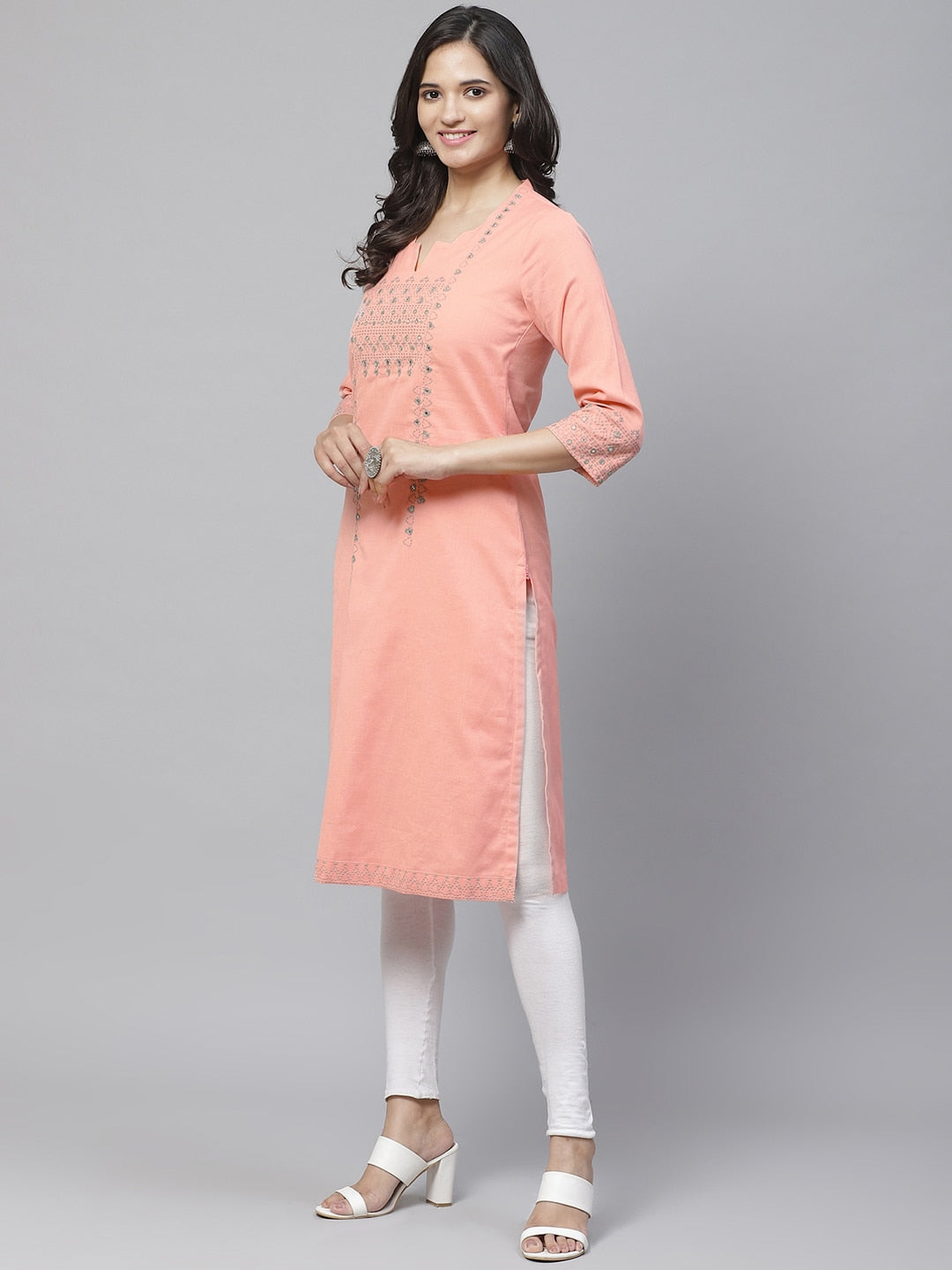 Biba Women Peach-Coloured & Grey Yoke Design Mirror Work Straight Kurta - Distacart