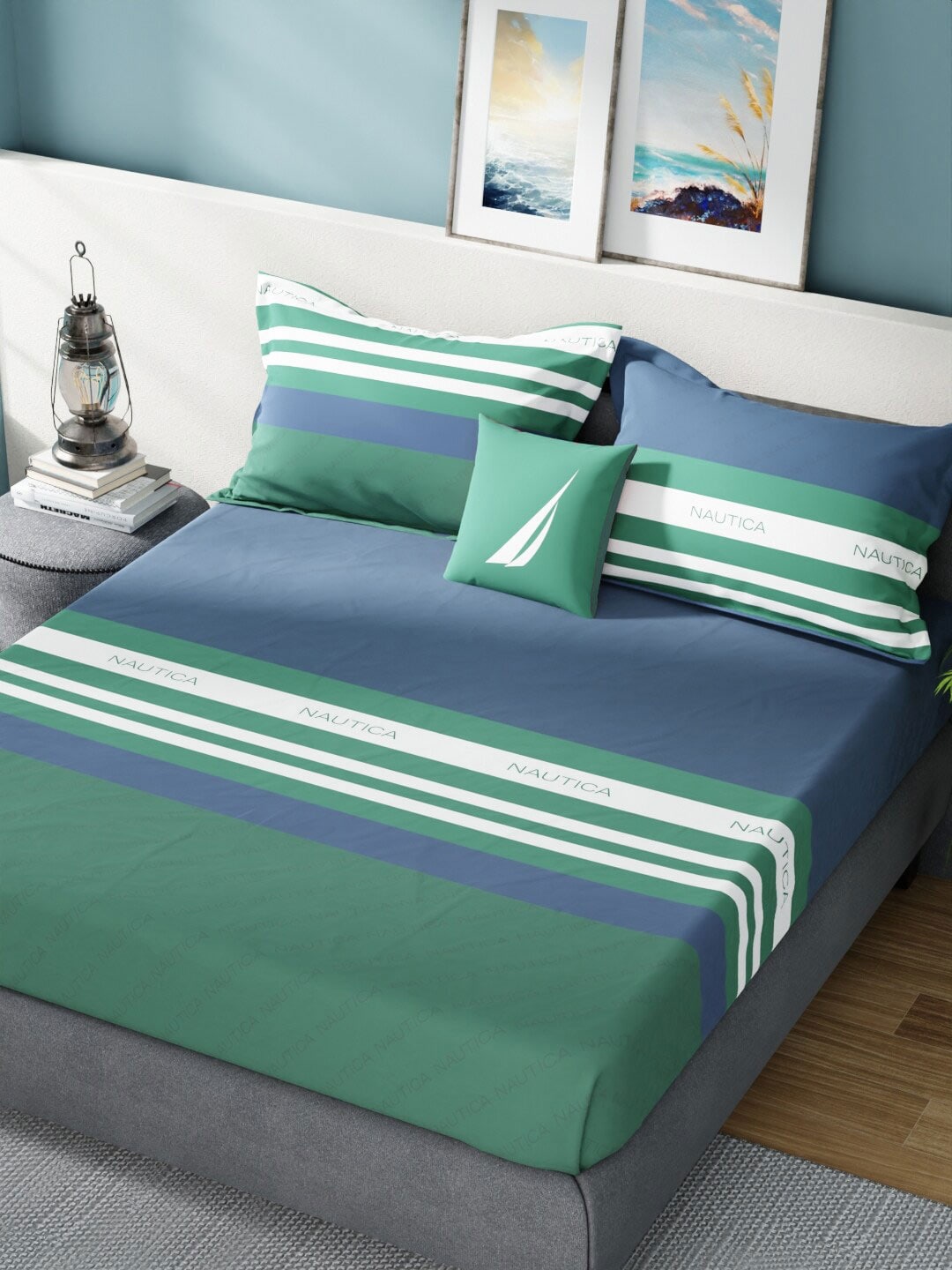 Nautica Bradford Blue & Green Striped 160 TC Pure Cotton King Bedsheet & 2 Pillow Covers - Distacart