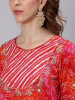Thumbnail for Ishin Women Pink & Red Bandhani Thread Work Pure Cotton Kurta with Trousers & Dupatta - Distacart