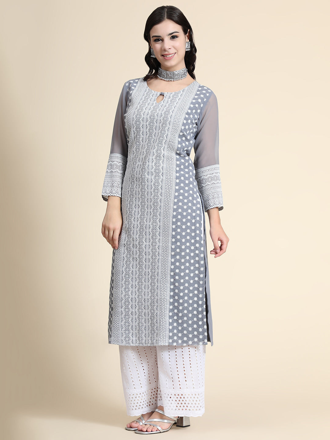 Kalini Women Grey Floral Embroidered Keyhole Neck Thread Work Floral Georgette Kurta - Distacart
