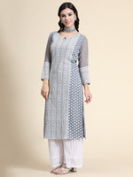 Thumbnail for Kalini Women Grey Floral Embroidered Keyhole Neck Thread Work Floral Georgette Kurta - Distacart