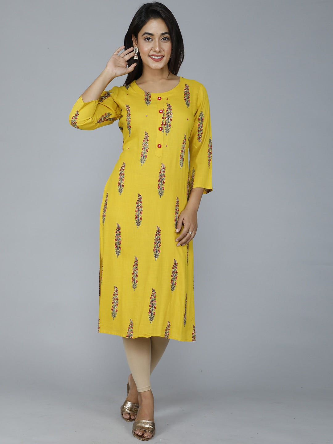 HERE&NOW Women Mustard Yellow Floral Mirror Work Floral Kurta - Distacart