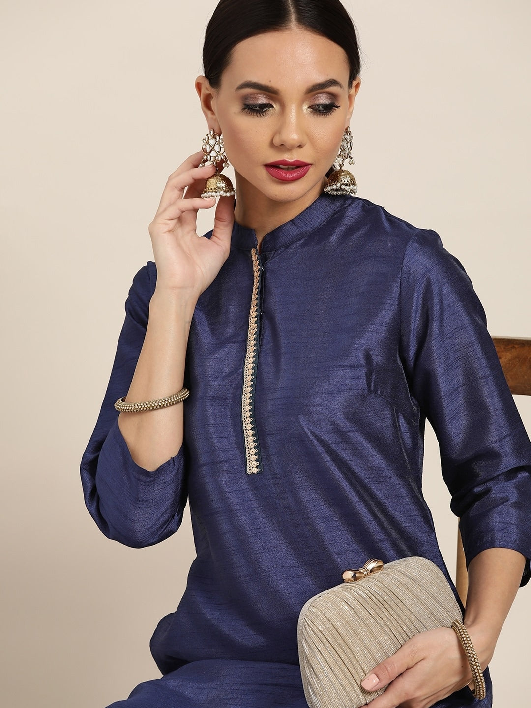 Sangria Women Navy Blue Solid Straight Kurta - Distacart