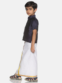 Thumbnail for Sethukrishna Boys Navy Blue & White Solid Shirt and Veshti Set - Distacart