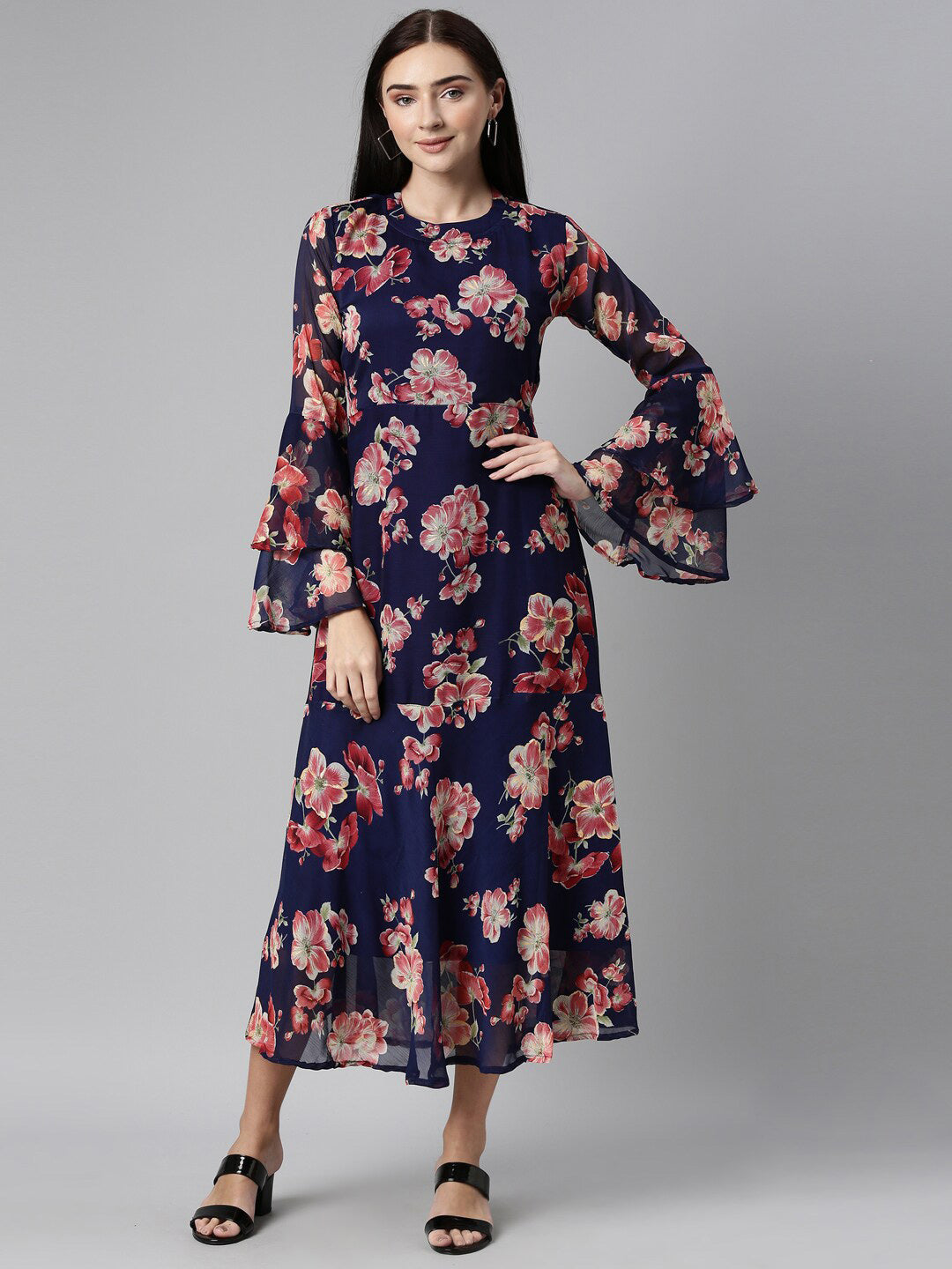 Souchii Floral Printed Round Neck Midi Dress - Distacart