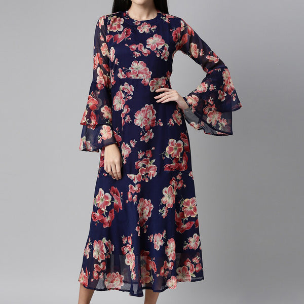 Souchii Floral Printed Round Neck Midi Dress - Distacart