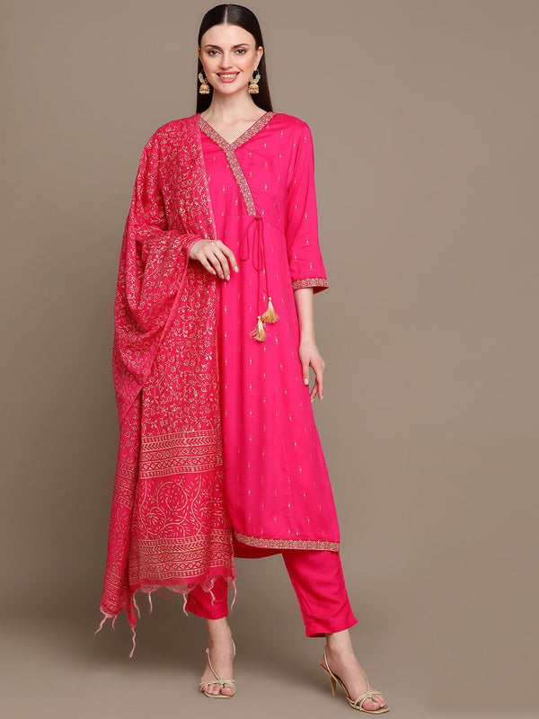 HERE&NOW Ethnic Motifs Printed Thread Work Angrakha Kurta with Palazzos & Dupatta - Distacart