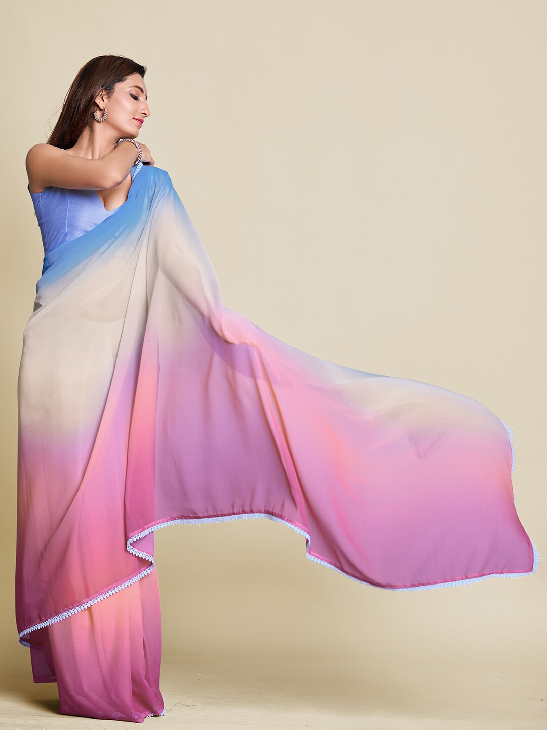 Mitera Pink & White Ombre Pure Chiffon Saree - Distacart