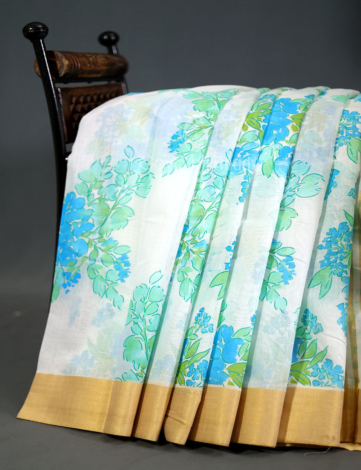 Shades of Milk White And Sky Blue Colour Floral Design Chanderi Printed Saree By Gayathri Reddy Designer Studio - Distacart