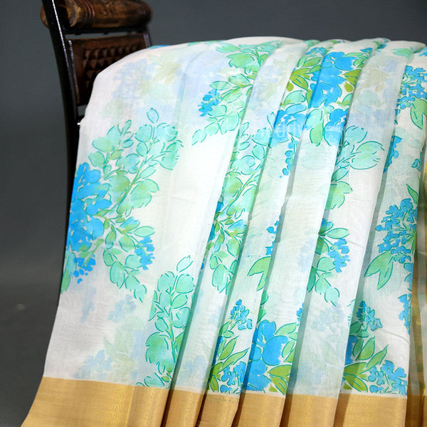 Shades of Milk White And Sky Blue Colour Floral Design Chanderi Printed Saree By Gayathri Reddy Designer Studio - Distacart