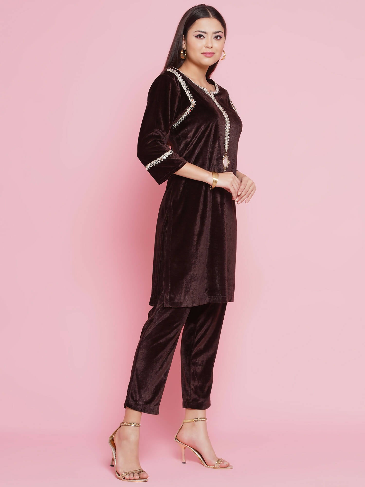 Women Republic Brown Velvet Embellished Co-Ord Set - Distacart
