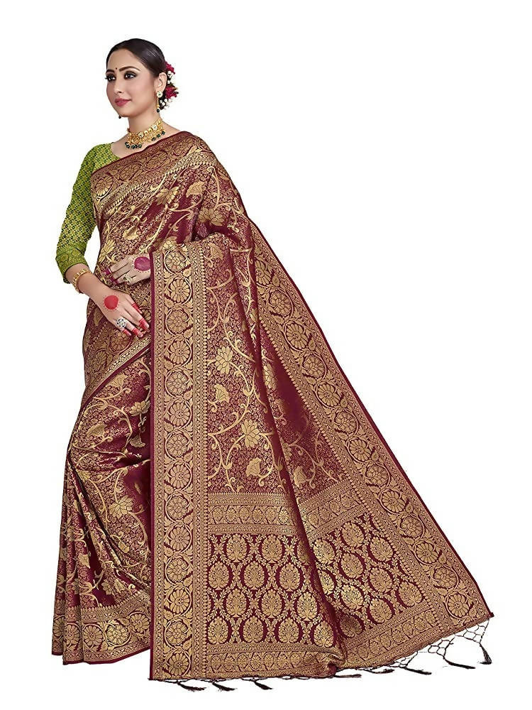 Vardha Women's Maroon Color Kanchipuram Raw Silk Saree with Unstitched Blouse Piece