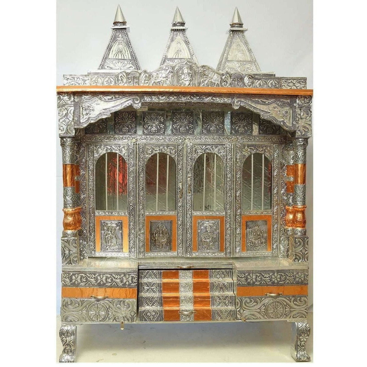 Silver Coated 4 Door with 3 Monument Towers Silver Pooja Mandir / Silver Pooja Mandiram - Distacart