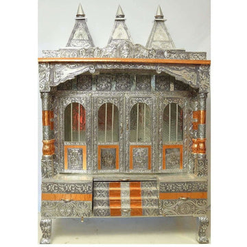 Silver Coated 4 Door with 3 Monument Towers Silver Pooja Mandir / Silver Pooja Mandiram - Distacart