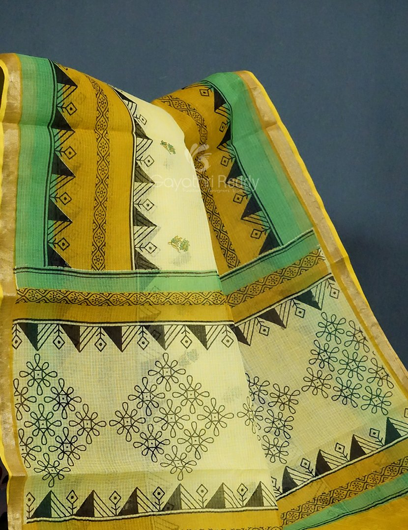 Lime Yellow Colour Block Print Pure Kota Cotton Saree By Gayathri Reddy Designer Studio - Distacart