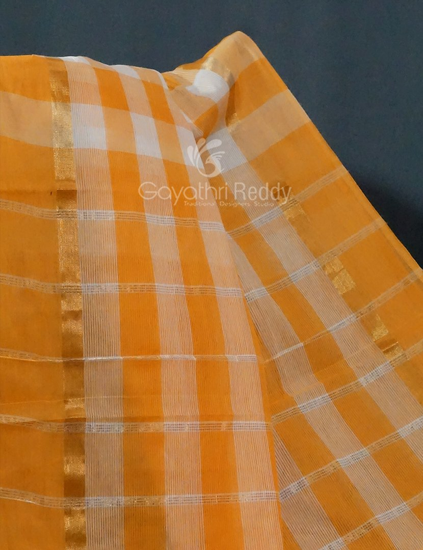 Cream And Orange Coloured With Checks Pure Mangalgiri Cotton Saree By Gayathri Reddy Designer Studio - Distacart