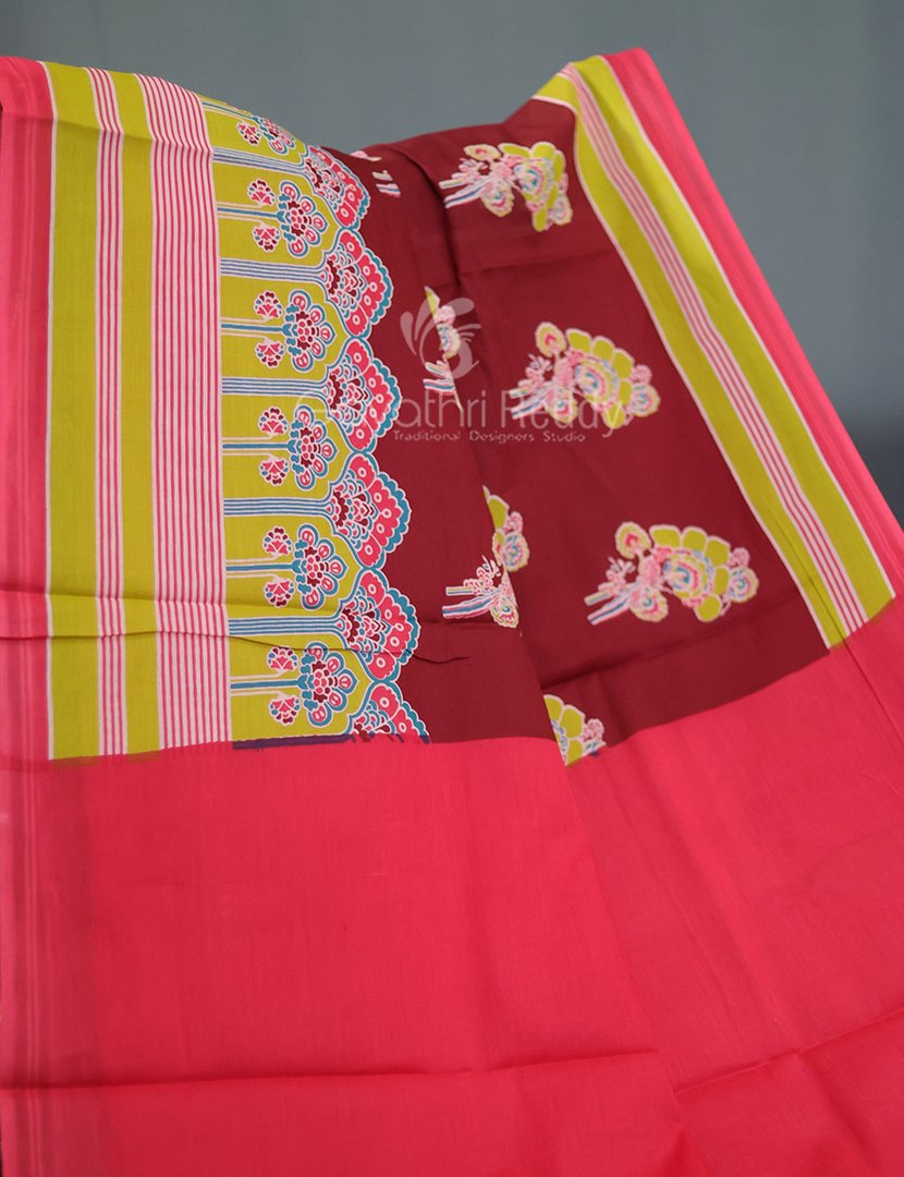 Block Print Maroon Coloured Mulmul Cotton Saree By Gayathri Reddy Designer Studio - Distacart