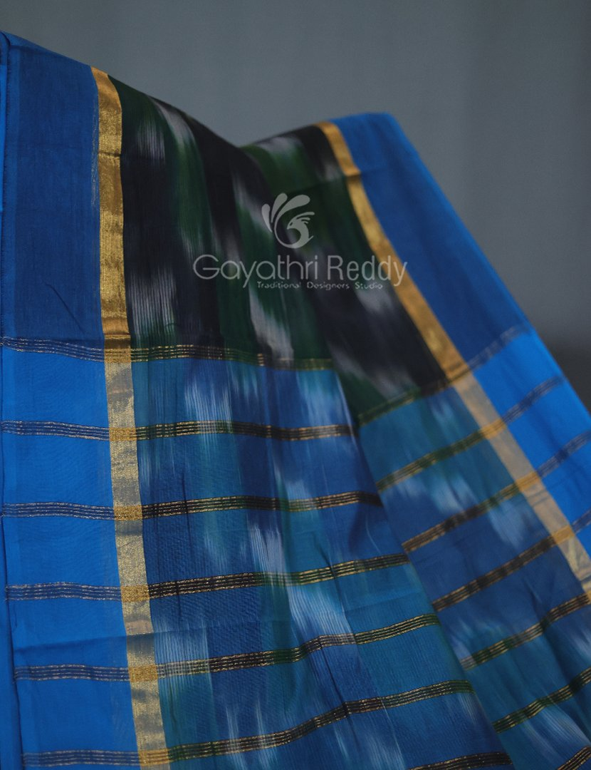 Dual Shades of Black And Bottle Green Mangalagiri Ikkat Cotton Saree By Gayathri Reddy Designer Studio - Distacart