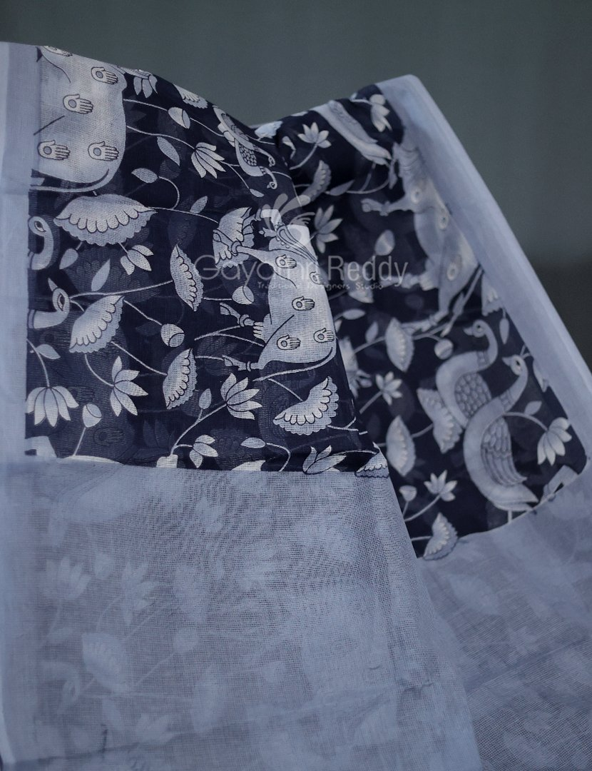 Shades of Dark Navy Blue And Grey With Pichwai Print Munga Cotton Saree By Gayathri Reddy Designer Studio - Distacart