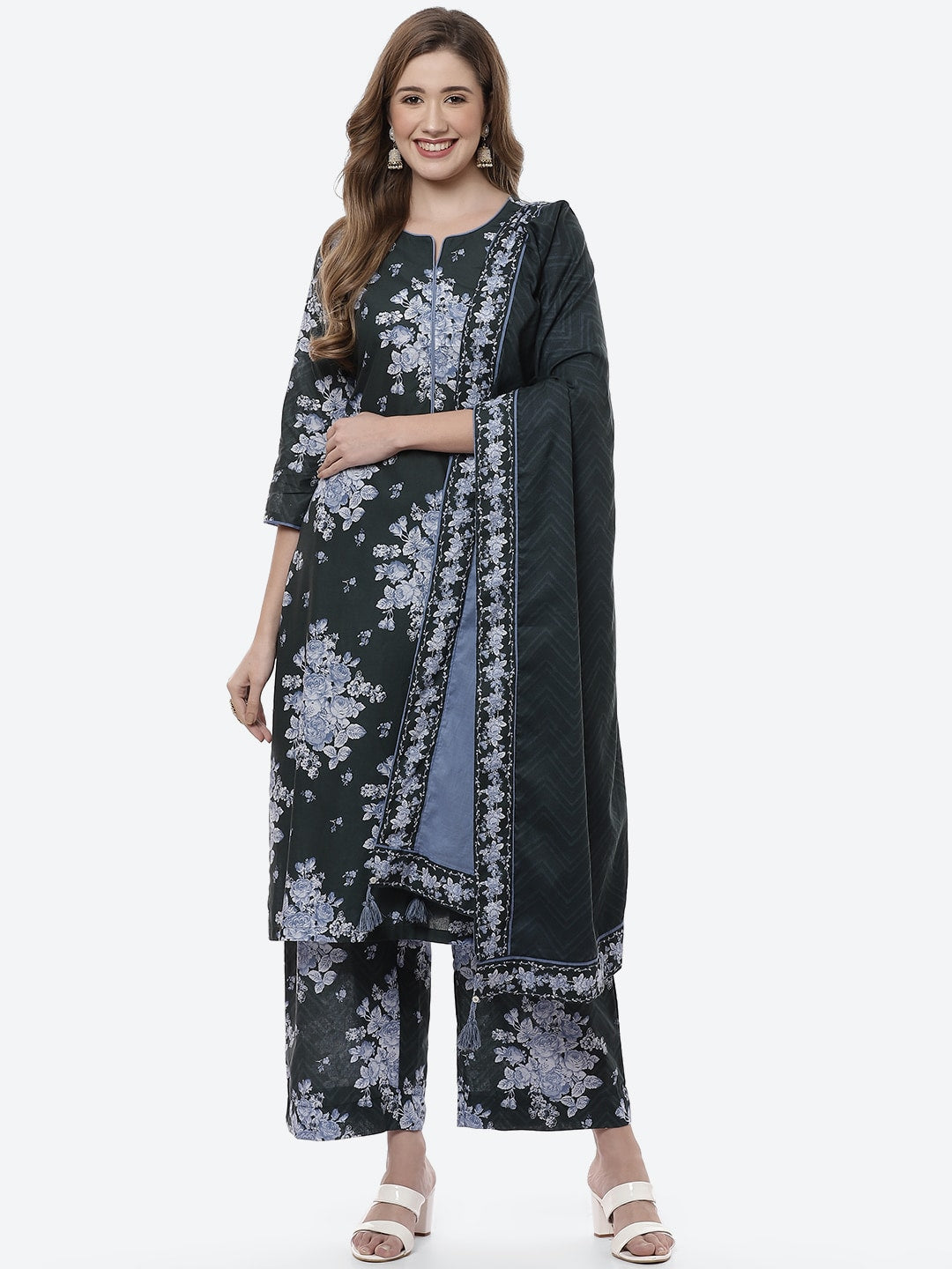 Biba Women Black Floral Printed Pure Cotton Kurta with Palazzos & With Dupatta - Distacart