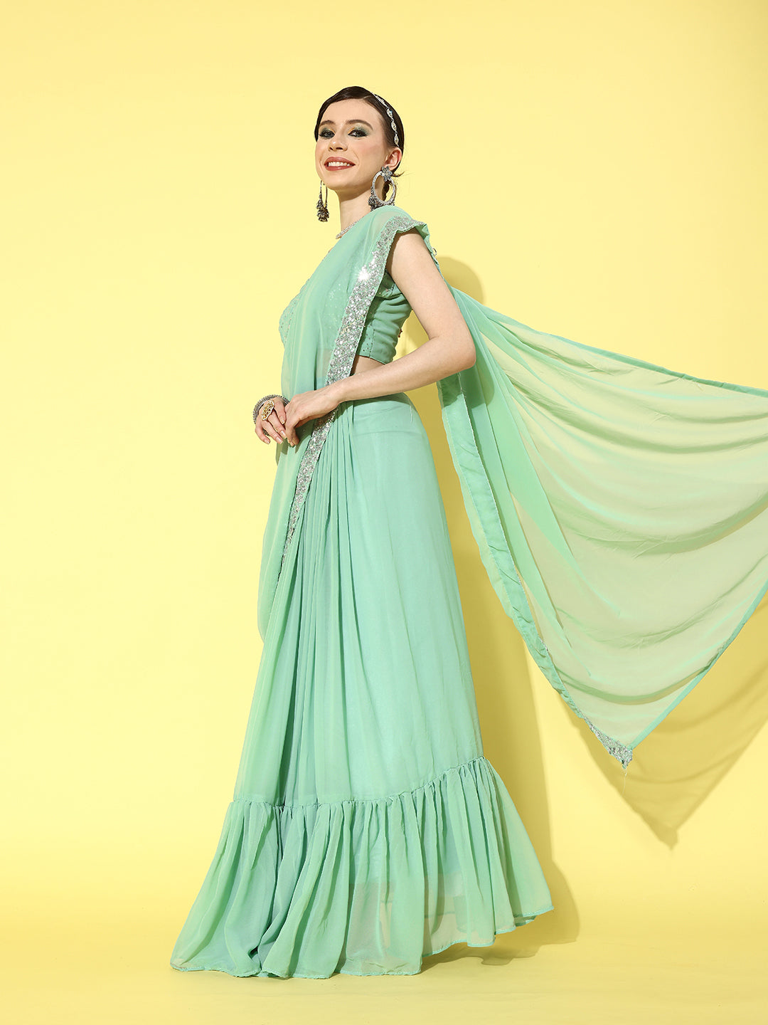 Mitera Pure Georgette Ready to Wear Saree with Shrug - Distacart