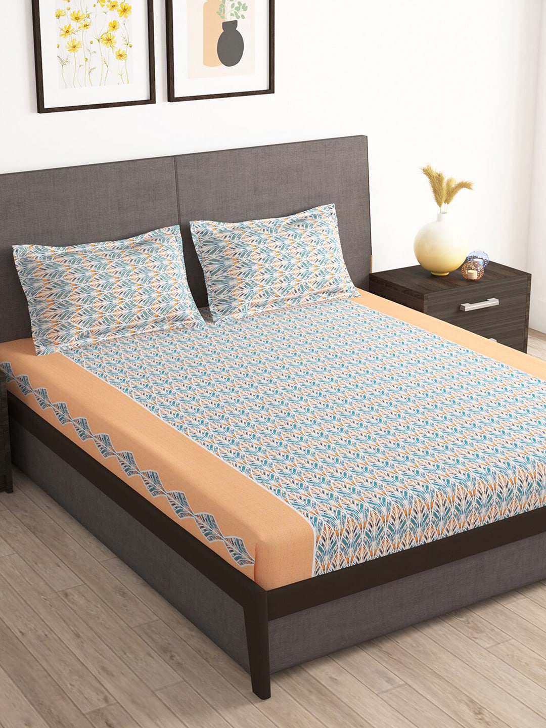 Story@home Tango Blue & White Printed 240 TC King Bedsheet with 2 Pillow Covers - Distacart