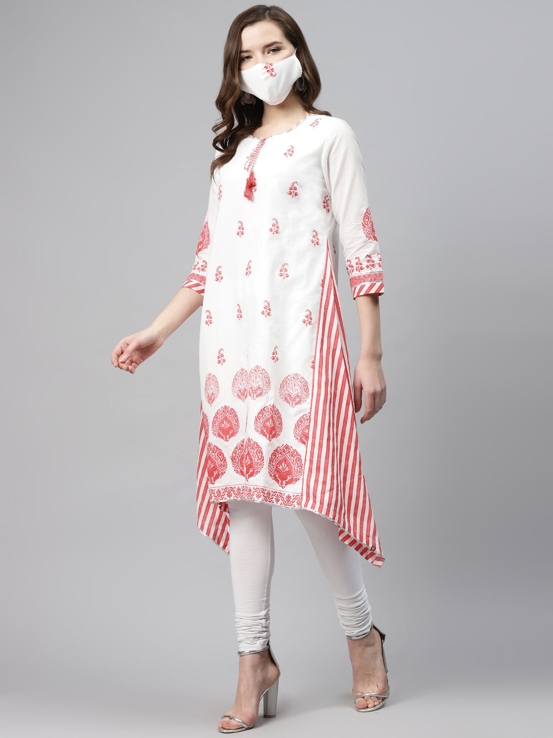 Biba Women White Pink Printed Pure Cotton A-Line Asymmetric Kurta - Distacart