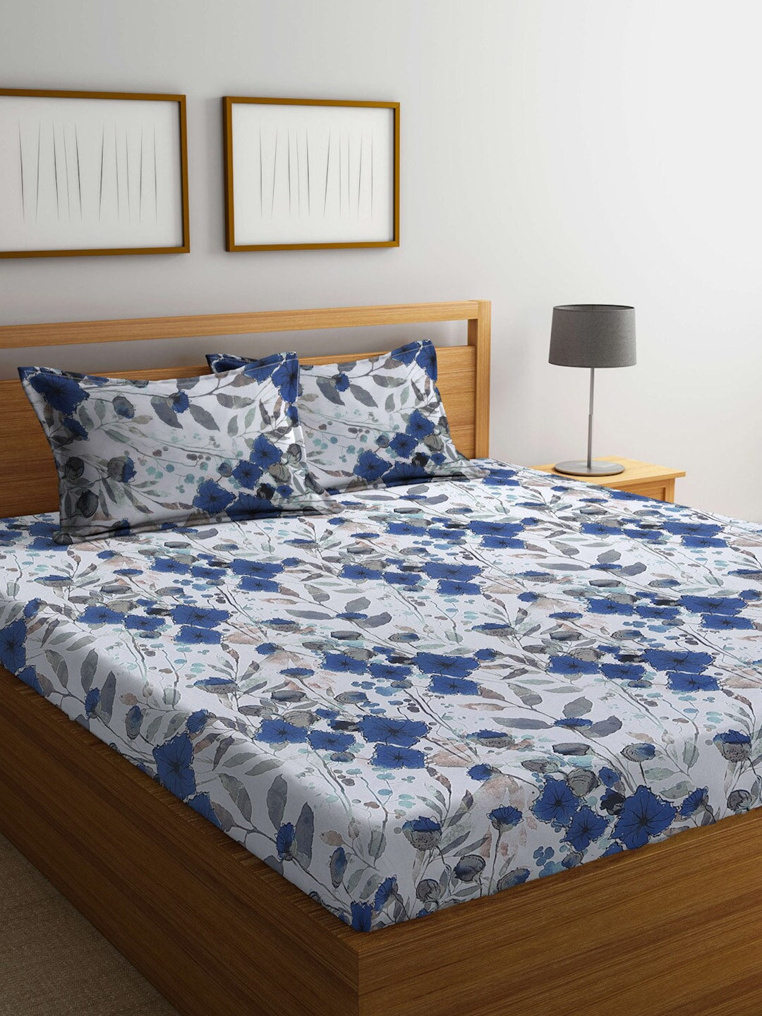 BOMBAY DYEING Blue & White Floral Cotton 144 TC King Bedsheet With 2 Pillow Covers - Distacart