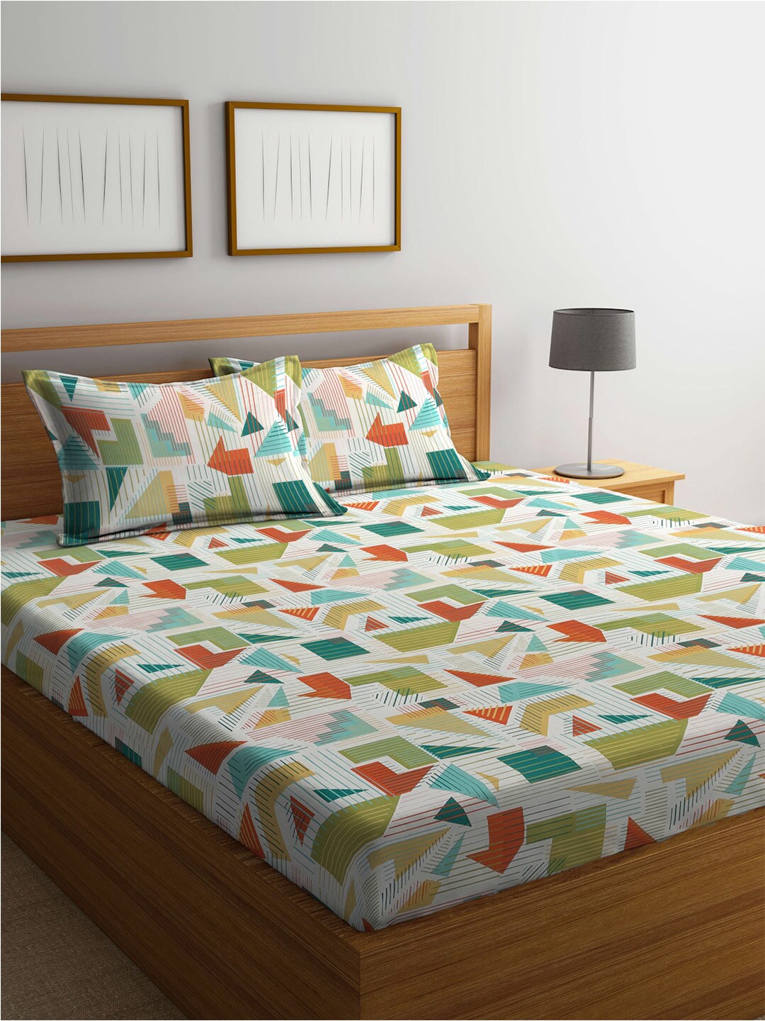 BOMBAY DYEING Serenita Yellow Geometric Cotton 144 TC King Bedsheet & 2 Pillow Covers - Distacart