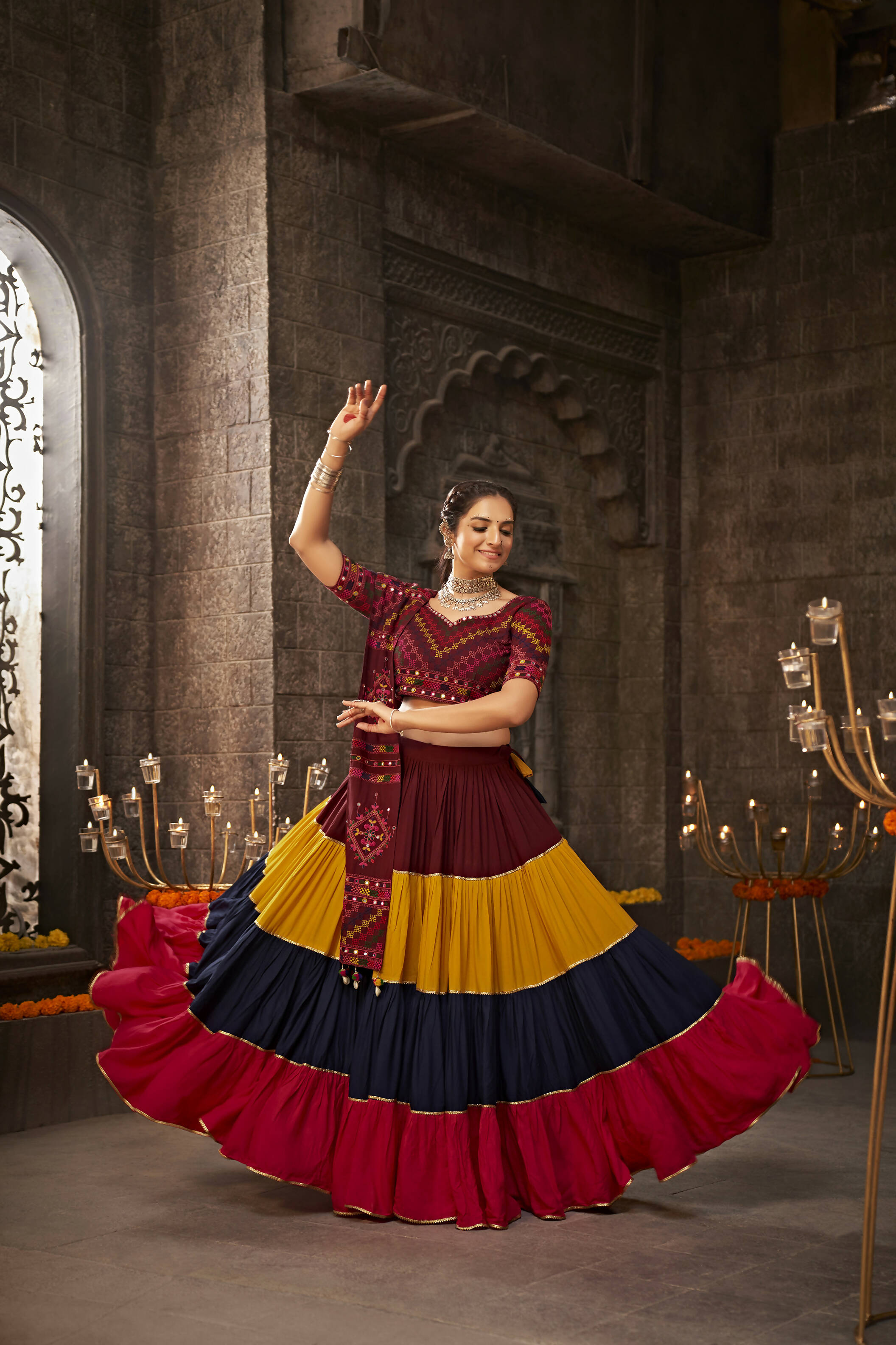 Multi Color Viscose Rayon Thread Embroidered Navratri Lehenga Choli with Dupatta - Raas - Distacart