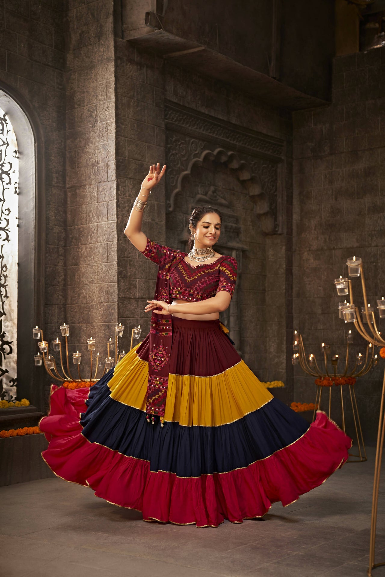 Multi Color Viscose Rayon Thread Embroidered Navratri Lehenga Choli with Dupatta - Raas - Distacart