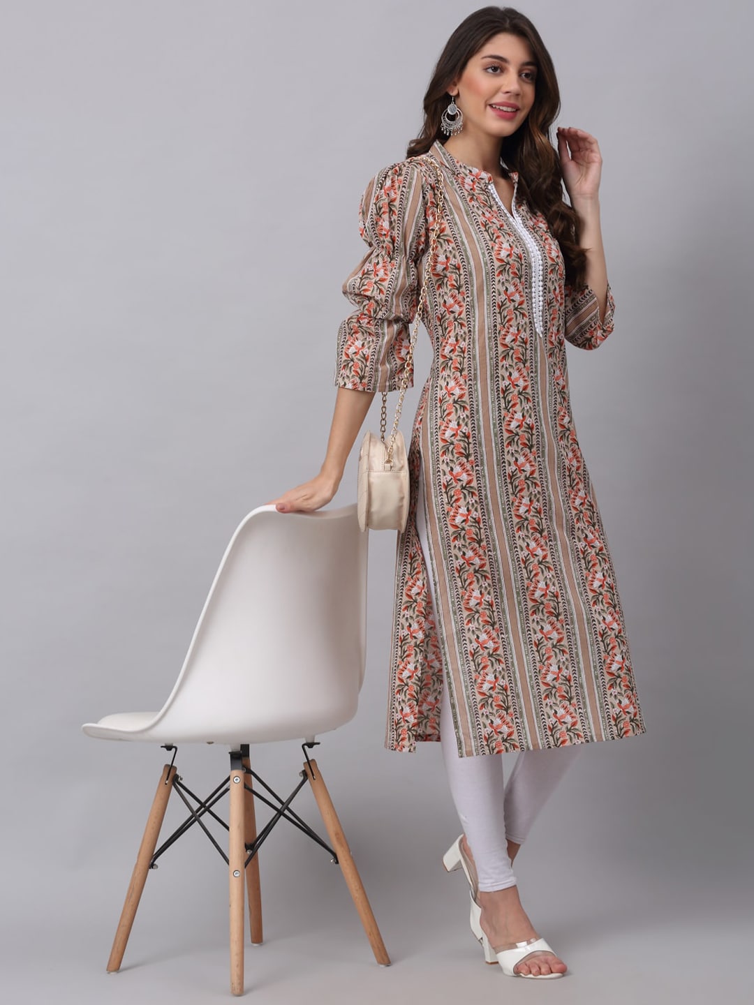 Kalini Women Beige Tribal Striped Thread Work Straight Kurta - Distacart