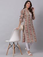 Thumbnail for Kalini Women Beige Tribal Striped Thread Work Straight Kurta - Distacart